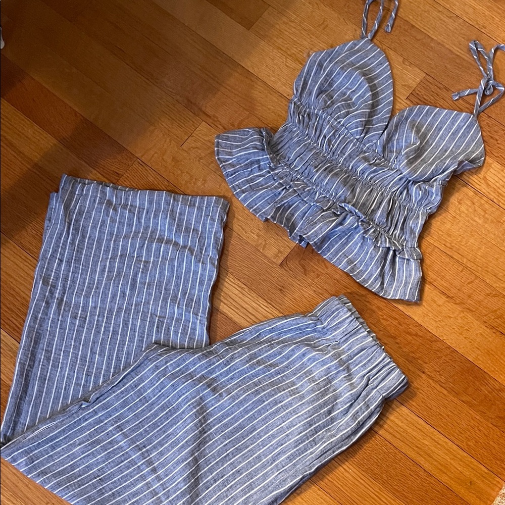 Striped Blue Linen-Blend Jumpsuit with Tie Straps
